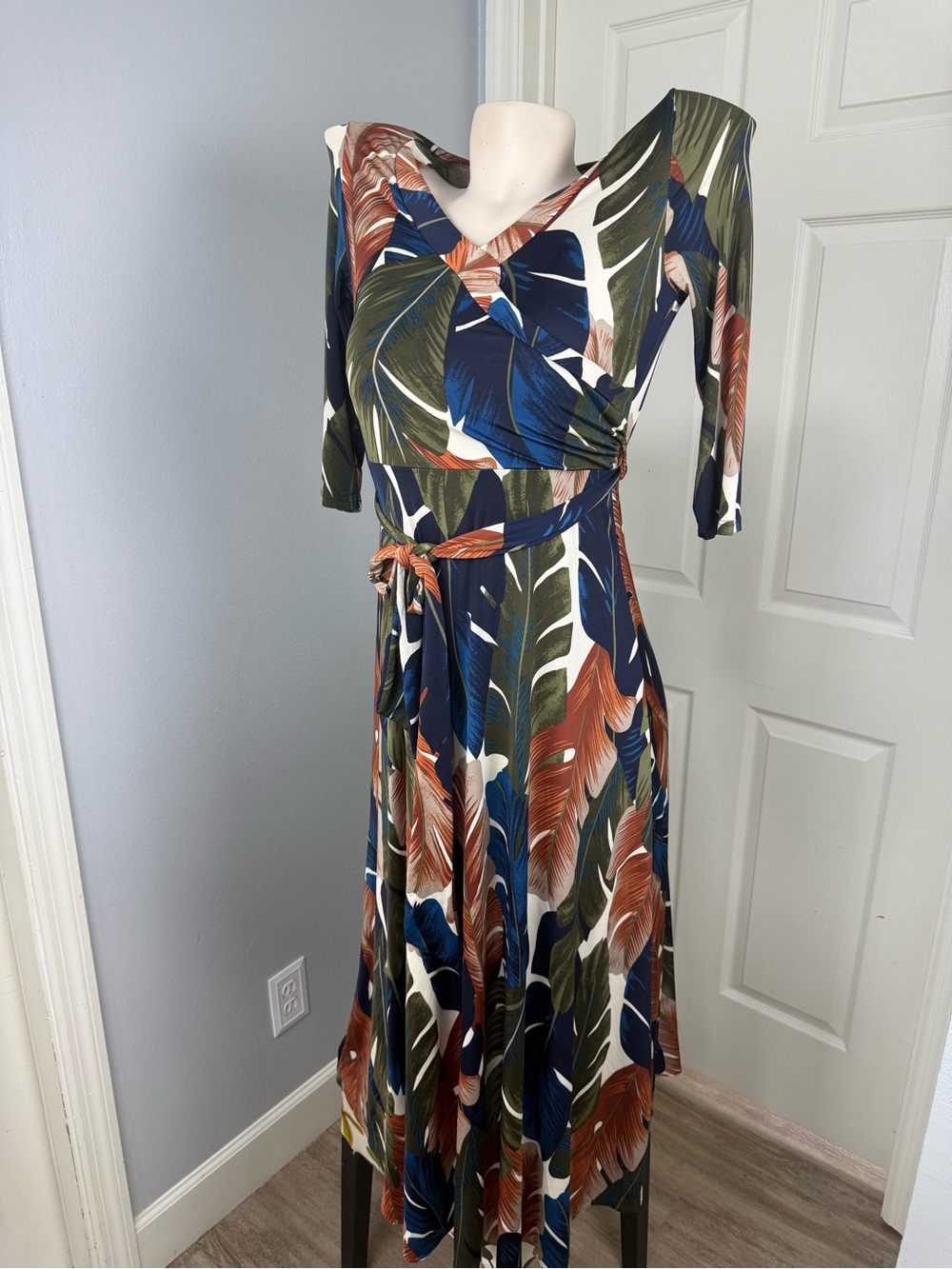 Tropical Leaf Wrap Maxi Dress in Navy, Olive & Rust